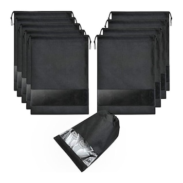 ALARQAM 12 Pcs Large Travel Storage Shoe Bag, Waterproof Shoe Bags for Gym Traveling, Shoe Pouch Organizer Non-Woven with Rope for Men and Women (Black)