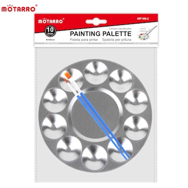 MOTARRO Round Painting Palette &amp; Brush Set (MP166-2) &ndash; 10-Grid Metal Mixing Tray &Oslash;168mm with 2 Brushes &ndash; Ideal for Watercolor, Acrylic &amp; Oil Paints &ndash; Artist Palette for Students &amp; Professionals