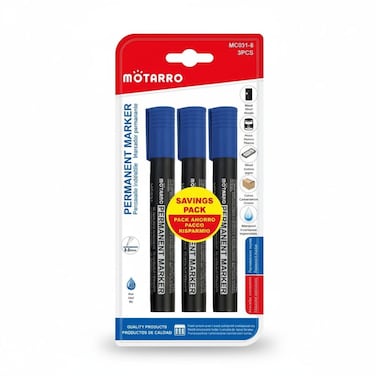MOTARRO Permanent Marker 3 Pack MC031-8, Fine Tip, Blue Ink, Quick Dry, Waterproof &amp; Fade Resistant &ndash; Ideal for Office, School, Home &amp; Industrial Use