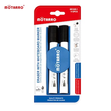 MOTARRO 2-Piece Whiteboard Marker Set with Eraser (MC040-1) - Black, 2-3mm Tip - Long-Lasting, Fast-Drying, Easy Erase - Ideal for Office &amp; School