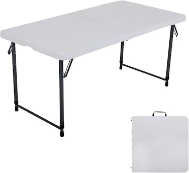YALLABUYIT Portable Folding Plastic Table - 3 Adjustable Heights, Table Top &amp; Steel Frame, 122 x 60.5 x 56 cm Open Size, Foldable for Easy Storage
