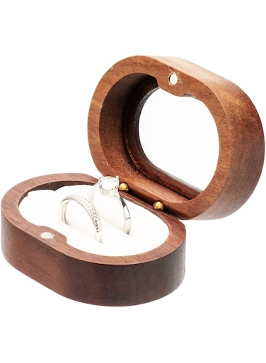COSISO Oval Small Walnut Wooden Bearer Ring Box for 2 Rings, Ring Holder for Engagement Wedding Ceremony Marriage Birthday Gift (Beige Inner)