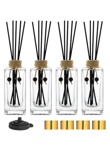 Glass Reed Diffuser Set of 4 - 5oz/155ml Clear Empty Essential Oil Diffuser Bottles with Caps and Reeds - Decorative Bottle Set - Bulk Reusable Apothecary Perfume Jar Gift