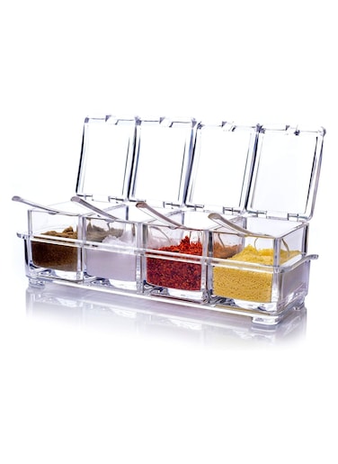 Clear Seasoning Rack Spice Pots 4 Piece Acrylic Seasoning Box Storage Container Condiment Jars - Cruet with Cover and Spoon for Spice Sugar Salt Sugar Cardamon Cinnamon