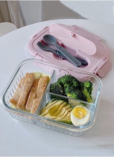 Leak-proof Glass Storage Containers with Airtight Seal 3 Compartment Glass Meal Prep Lunch Box 1L Bento Box for Women Girl Pink