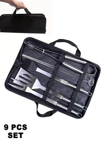 9-Piece Stainless Steel BBQ Grill Tool Set with Carry Bag   Portable Outdoor Barbecue Accessories Kit for Camping, Picnic &amp; Home Cooking
