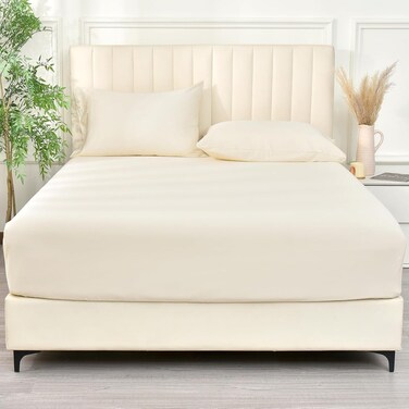 100% Rayon Derived from Bamboo Cooling Fitted Sheet in King Size (200cm x 200cm), 40cm Deep Pocket, 2.5cm Wider Strong Elastic, Silky Smooth, Cream