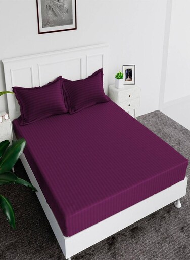 Fitted Bed Sheet +2Pcs Pillow Covers, King/Queen/Double/Single Sizes, Color Purple