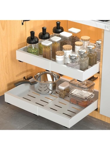 Odluzy 1Pack Expandable Pull out Cabinet Organizer, Adhesive with Nano Film,12.5"-20.5" Pull Out Drawers for Cabinets in Kitchen, Pantry or Bathroom (White)