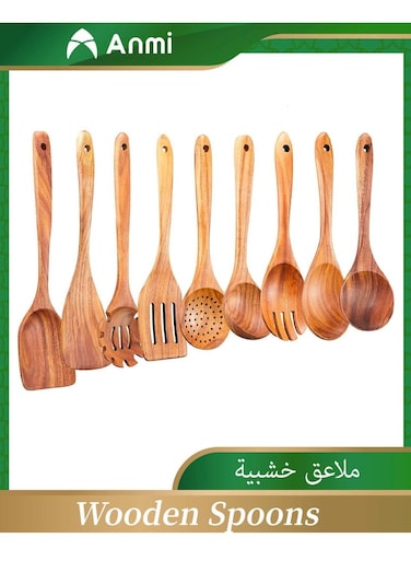 9 Pieces Wooden Kitchen Utensils Set, Teak Wood Cooking Tools with Spatula Spoons Fork, Premium Quality Bakeware &amp; Cookware
