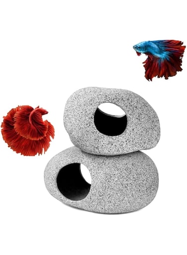 Aquazoo 2 Pieces Stackable Aquarium Decoration Rock Caves, Hideaway for Shrimp Cichlid Hiding Breeding Spawning, Professional Hideout Decor for Territorial Fish (Natural)