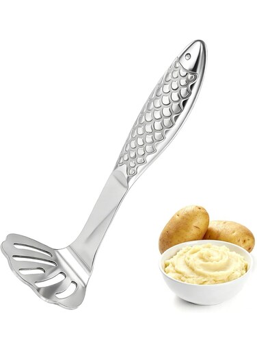 Fish Shaped Potato Masher, Potato Ricer and Smasher Tool, One-Piece Design with Non-Slip Handle for Mashing Potatoes, Avocados, Boiled Eggs, Baby Food, Kitchen Utensil, Stainless Steel