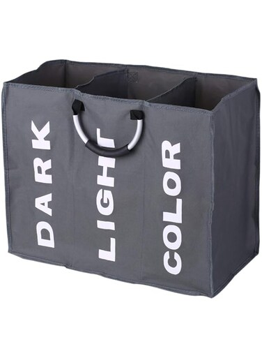 Goolsky 3-Section Large Foldable Oxford Laundry Basket Bag Dirty Clothes Storage Bag Organizer with Aluminum Handles-Dark Grey