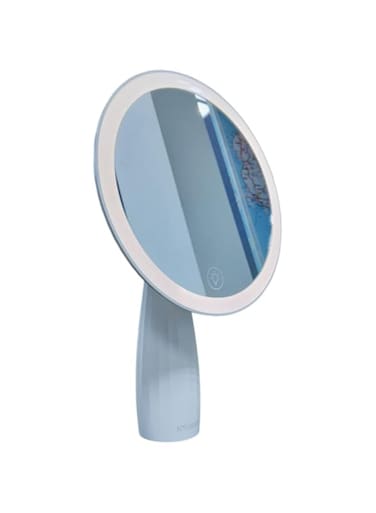 Elegant Round LED Vanity Mirror with Cream Tapered Stand - Modern Illuminated Makeup Mirror for Stylish Interiors