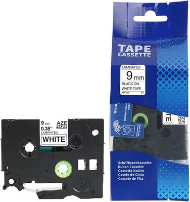 Aimo 9 mm x 8 meter Compatible TZe Label Tape Cartridge for P-Touch Label Printers (Black on White)