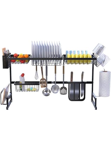 LEMOZO Dish Drying Rack Over Sink Display Stand Drainer Stainless Steel Kitchen Supplies Storage Shelf Utensils Holder (Black)