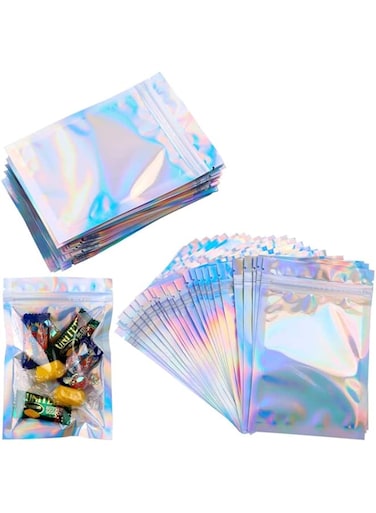 Starthi 50 Packs Resealable Smell Proof Bags Mylar Ziplock Bags Aluminum Foil Pouch Bag Holographic Flat Foil Bags for Favor Food Storage Gift Package Supplies (7.5 x 10 cm)