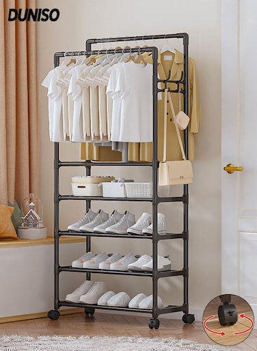 Double Rods Clothes Rack with Roller, Metal Garment Rack with Shoe rack and Hooks, Multipurpose Clothes Hanger Organizer,Suitable for Bedrooms, Balconies and Living room (Black)