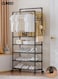 Double Rods Clothes Rack with Roller, Metal Garment Rack with Shoe rack and Hooks, Multipurpose Clothes Hanger Organizer,Suitable for Bedrooms, Balconies and Living room (Black)