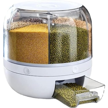 360&Acirc;&deg; Rotating Rice &amp; Grain Storage Container &acirc;&euro;&ldquo; 6-Compartment Dry Food Dispenser, Transparent Airtight Bucket for Rice, Beans, Cereals, Nuts, One-Click Easy Access, Multi-Style Kitchen Organizer