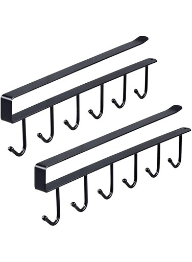 Excefore Cup Holder Under Cabinet, Metal Mug Hooks Coffee Cup Holder, 2 Pack Towel Holder, Kitchen Under Cupboard Mug Holder, Modern Mug Storage Display Rack for Kitchen Coffee, Black