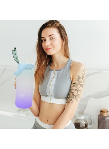 COOLBABY Portable Fitness Sport Water Bottles for Gym &amp;Outdoor Sports &amp;Office 2l Water Bottle With Straw And Handle, Tie Dye Reusable Gym Water Jug With Time Encouraging Measurement Markings