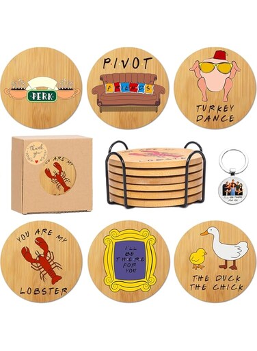 PuGez Friends Bamboo Coasters Set of 6, Friends TV Show Gifts, Friends TV Show Merchandise Presents, Funny Friends Themed Coaster Set with Coaster Holder