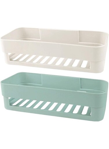 KASTWAVE Self Adhesive Bathroom Shelf, Wall Mounted Storage Organizer, No Drilling Shower Caddy, Kitchen Storage Basket, Rack Shelves for Bathroom &amp; Kitchen 2 Pcs (White+Green)