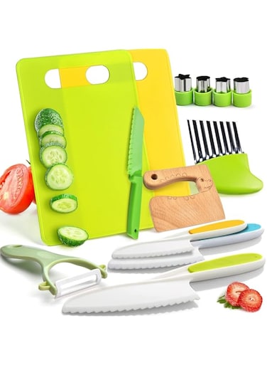 YLMKDE 13 Pieces Montessori Kitchen Tools for Toddlers-Kids Cooking Sets Real-Toddler Safe Knives Set for Real Cooking with Plastic Toddler Safe Knives Crinkle Cutter Kids Cutting Board