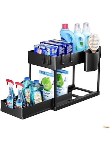 Raxoom 1pcs Under Sink Organizer │ Multi-Purpose 2-Tier Storage Rack for Kitchen &amp; Bathroom │ Space-Saving Sliding Shelf with Non-Slip Stand &amp; 4 Hooks │ Compact Design for Laundry &amp; Workspace 【Black】