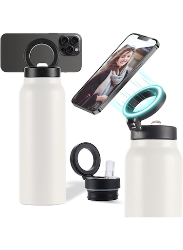 24 oz Insulated Water Bottle with Magnetic Phone Holder, MagSafe Tripod Compatible, Stainless Steel Sports Water Bottle with Straw, 12 Hours Hot, 24 Hours Cold, White