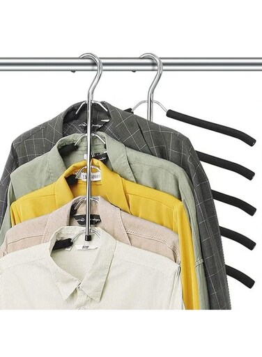Hangers Space Saving,2 Pcs 5 in 1 Magic Multiple Stainless Steel Metal Hanger,Multi Layer Hangers,Non-Slip Metal Foam Padded Clothes Hanger,Coats Hangers For Household Space Saver,Black