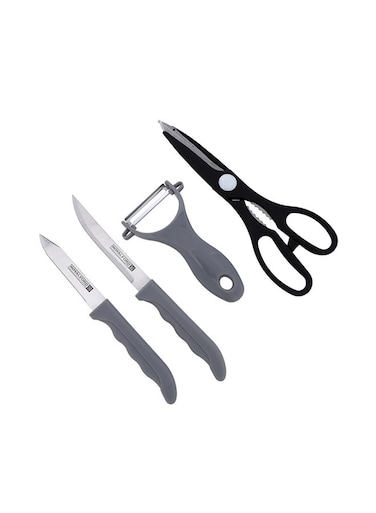 5 pcs Kitchen Gadget Set Peeler,Kitchen Scissors,4.5" Steak Knife, 3.5" Paring Knife, 19x29 cm Cutting Board Grey