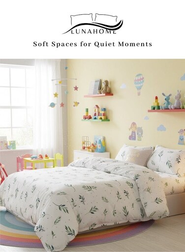 Home Single Size 4 Piece (1 Duvet cover - 160*210cm. 1 Fitted sheet - 100*200+30cm. 2 Pillow covers - 50*75cm.). Bedding Set Without Filler, Soft Fabric Small Green Leaves Design. suitable for single size bed.