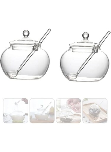 Azonee Honey Jar with Dipper and Lid, Glass Honey Pot Jam Jars Container Dispenser Tea Sugar Seasoning Storage Bowl for Home Jam Honey Wedding Favors Clear Empty Jar for Kitchen Countertop 2PCS