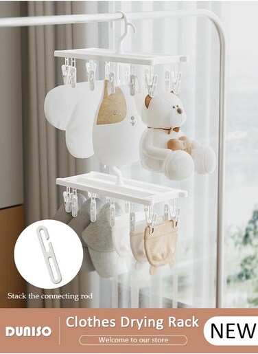 2 Pack Laundry Hanger with 12 Pcs Clips, Foldable Clothes Drying Rack with Rrmovable Clips , Plastic Stackable Laundry Clip Hangers for Socks Underwear, Drying Towels and Baby Clothes