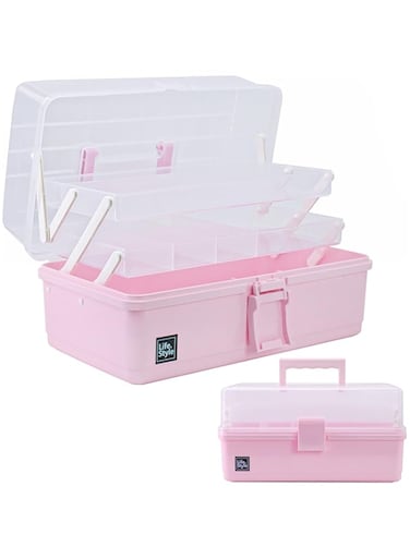 Creahaus 13inch 3 Layer Multipurpose Storage Box, Craft Storage Box with Compartments, Plastic Tool Box, Medicine storage box, Hair Accessories Organiser, Sewing Box with 2 Trays (Pink)