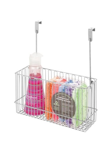 mDesign Metal Over Cabinet Kitchen Storage Organizer Holder or Basket - Hang Over Cabinet Doors in Kitchen/Pantry - Holds Bakeware, Cookbook, Cleaning Supplies - Steel Wire - Chrome