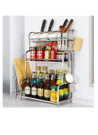 3-Tier Spice Rack Organizer, Kitchen Countertop Storage Rack, Kitchen Organizer Shelf with 6 Hooks for Spice Cans, Sauce Jars, Seasoning Bottles, Kitchen Accessories (Silver)