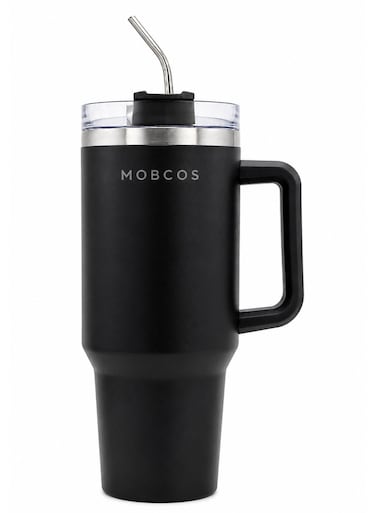 Mobcos Plain Insulated Travel Tumbler 1200ml   Stainless Steel Vacuum Flask with Handle, Straw &amp; Leakproof Lid   Reusable Coffee Mug   Water Bottle   Black