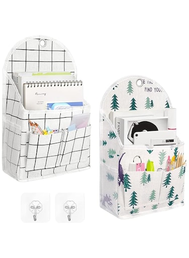 Wall Hanging Organizer Bag with Pockets Fabric Storage Bag Basket Caddy Waterproof Over the Door Pouch Closet Shelves with Hook for Kitchen, Bedroom, Bathroom, Dormitory (White Plaid+Deer)(2 Pack)