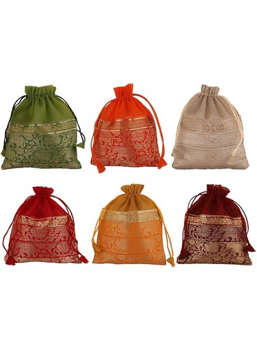 Touchstone New Gorgeous Indian Traditional Paisley Brocade Drawstring Large Bags Pouches Potli For Wedding Gift Jewelry Packaging Bridal Party Favors Assorted Colors Set Of 6 For Women