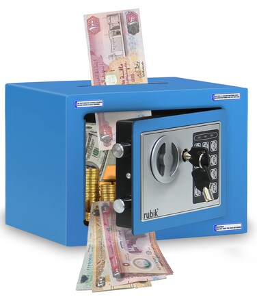 Rubik Mini Cash Deposit Drop Slot Safe Box with Key and Pin Code Option (Blue)