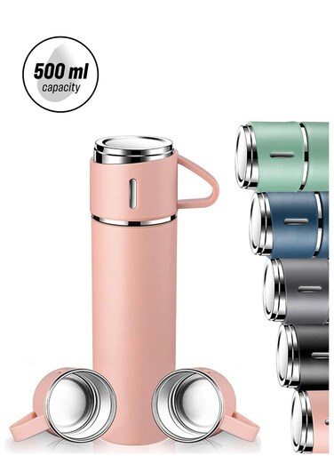 500ml Stainless Steel Vacuum Thermos Flask with Silicone Handle &acirc;&euro;&ldquo; Insulated Water Bottle with 2 Stainless Steel Cups Set for Hot &amp; Cold Outdoor Travel   Gift Box (2 PACK, PINK) &acirc;&euro;&ldquo; Perfect for Hiking, Camping, and Travel