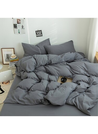 Cotton Duvet Cover Set, 4 Pieces Soft Brushed Microfiber Comforter Cover with Zipper Closure, Include 1 Duvet Cover 200x230cm 1 Flat Sheet and 2 Pillowcase, Full Size(Grey)