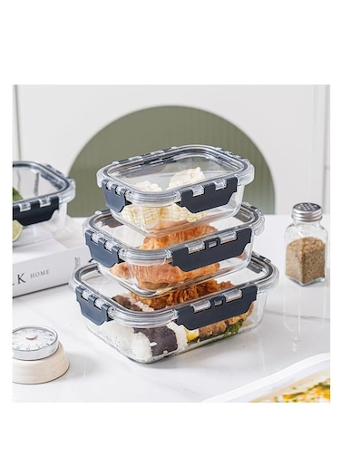 Tycom Glass Meal Prep Containers (3 pcs Rectangle) - Glass Food Storage Containers with Lids, Glass Lunch Box, Portion Control, Airtight, Glass Bento Box Lunch Containers- 3P Rectangle Black