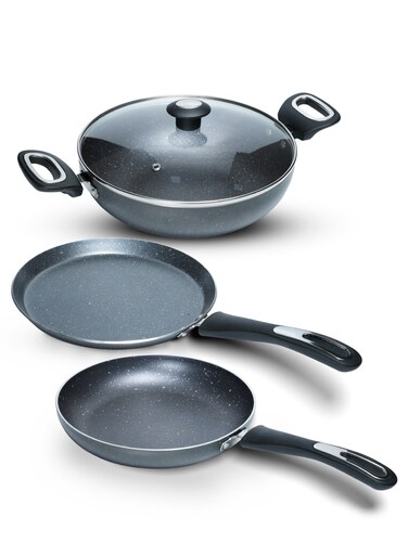 Migo Non Stick Cookware Set Granite 4 Pcs Induction Bottom Cookware Set 3 mm Thick, 5-Layer Super Granite Nonstick Coated Cookware Set,Two Sides Spatter Design, 1 Year Warranty - FKT G