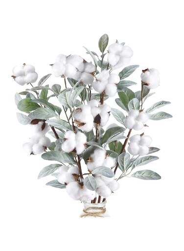 KASTWAVE 5PCS Cotton Stems 23.5" Artificial Cotton Flower Branches with Lambs Ear Leaves for Fall Home Farmhouse Style Floral Wedding Decoration