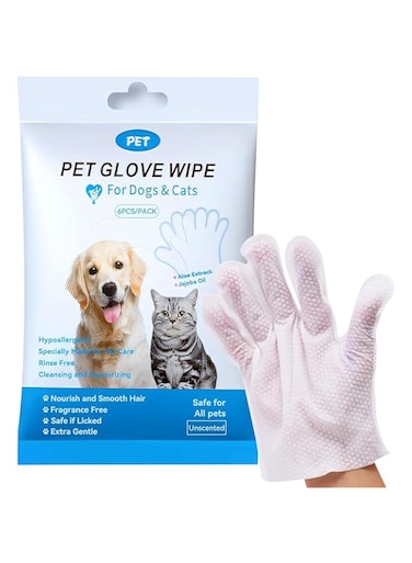 Pet Washing Glove Wipes for Dog and Cat, Unscented Rinse Free Cleaning &amp; Deodorizing Grooming Glove for Puppy Ears,Eyes,Butt,Paws, Thick Bathing Wipe Sooth &amp; Nourish Fur for Care and Travel 6 PCS