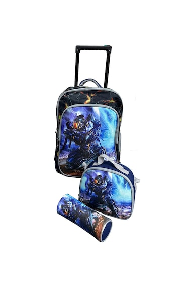 3 Pieces Cartoon-Printed School Trolley Bag for Kids 16 Inch with Lunch Bag and Pencil Pouch Included (Black Blue Transformation Car, 16 Inch)